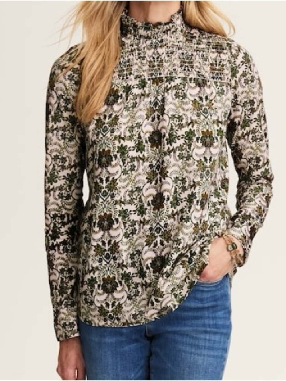 Smocked High-Neck Floral Print Long-Sleeve Top - Green